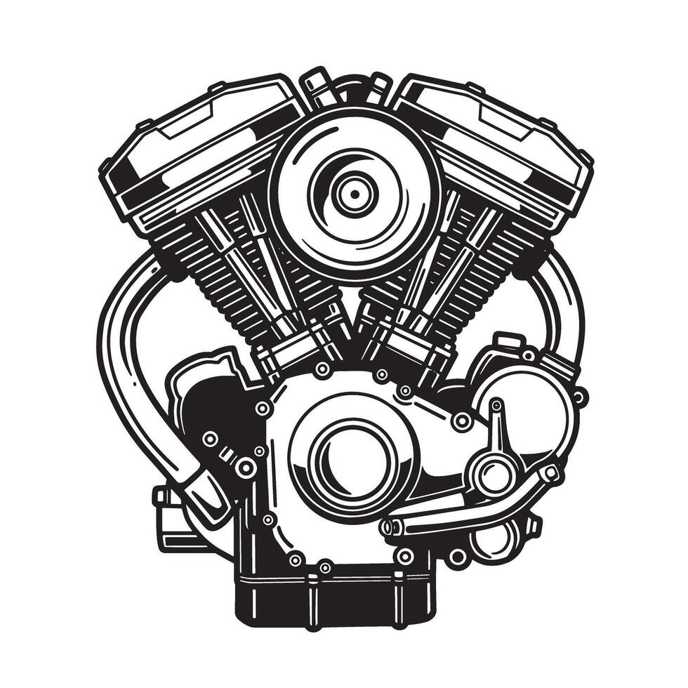 Detailed silhouette of a motorcycle engine illustrating the mechanical components and powerful design suitable for automotive concepts. vector