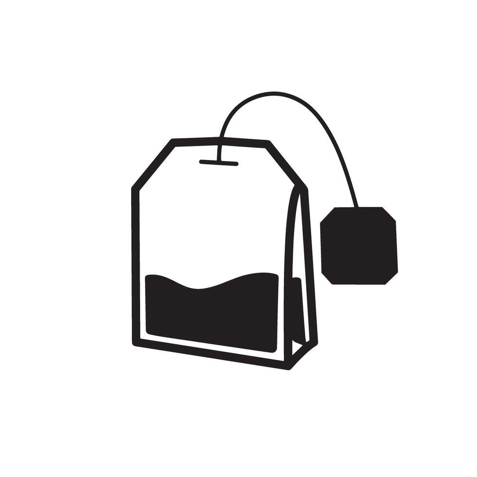 Minimalist black and white silhouette illustration depicting a tea bag with a tag and string for beverages vector