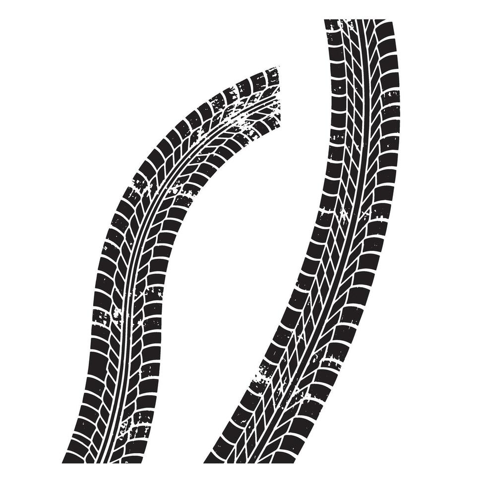 Two stylized black tire track marks set against a white background presenting a silhouette illustrating motion. vector