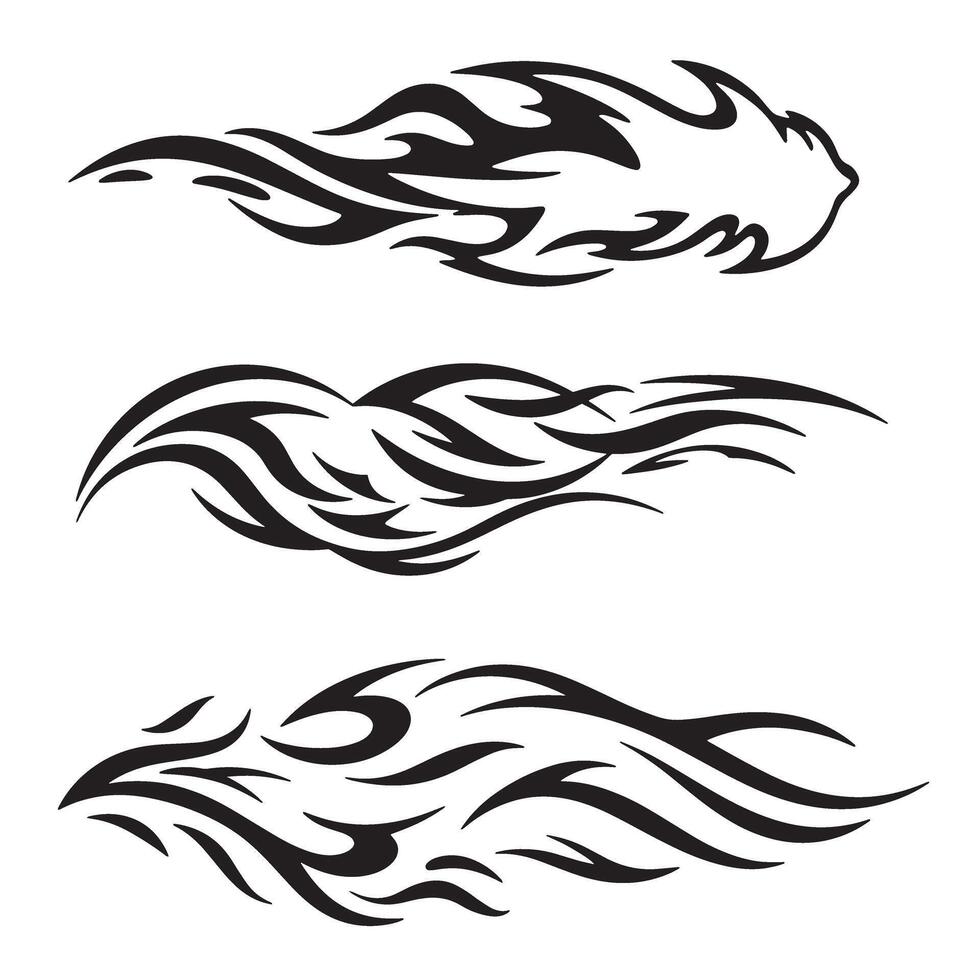 Three stylized tribal tattoo designs with flowing flame like shapes in black silhouette against a white background available for various design projects. vector