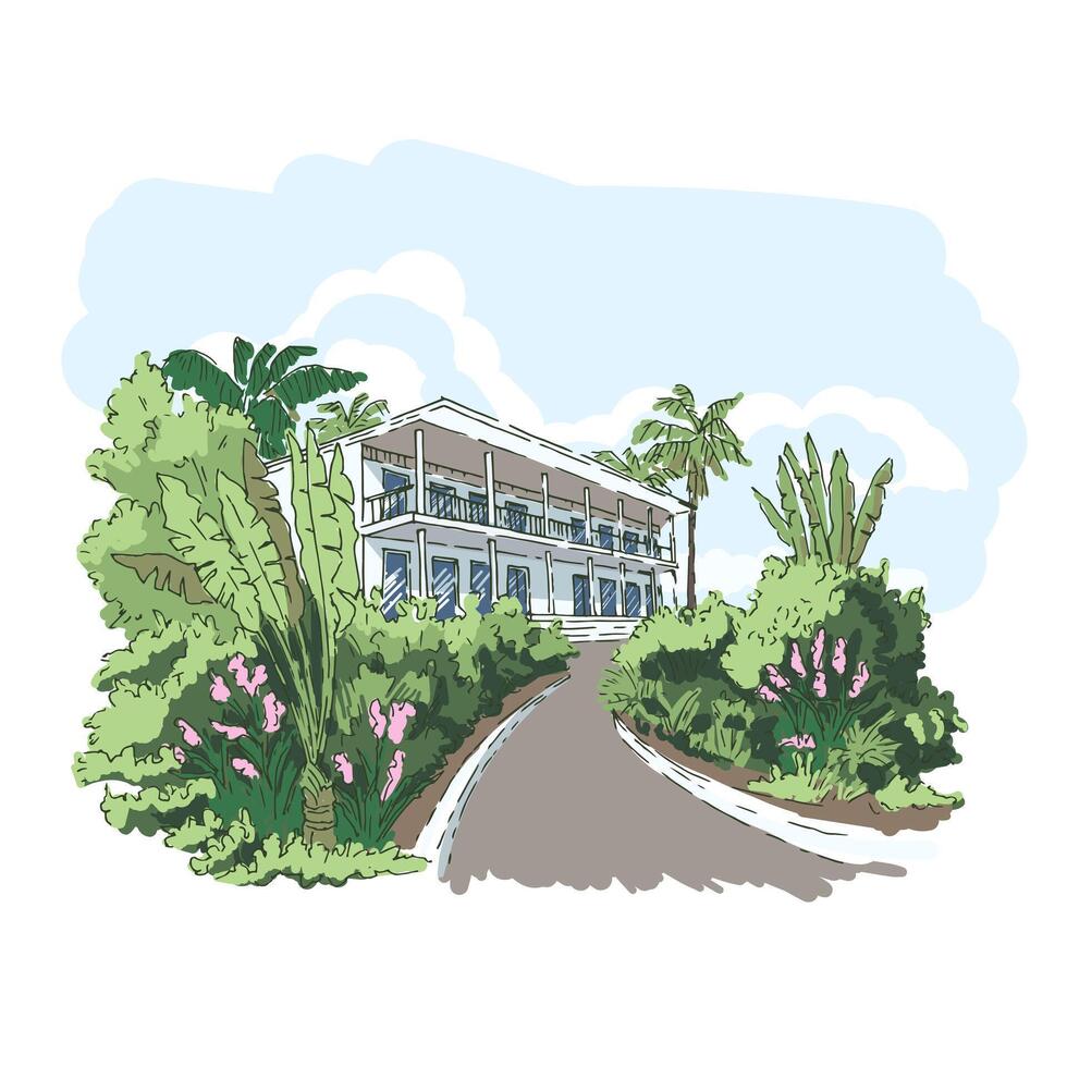 Tropical resort hotel in the lush greenery all around vector
