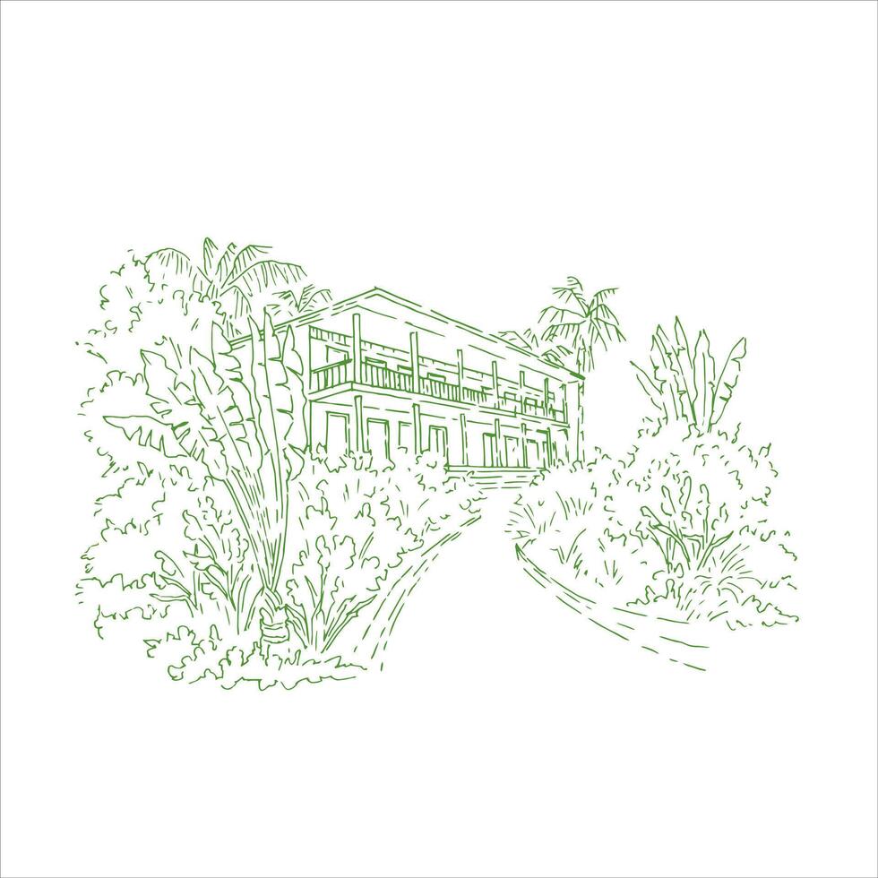 Summer tropical resort hotel in the lush greenery all around in green lines vector