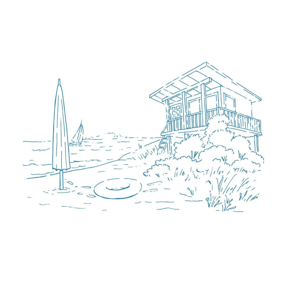 Summer resort house on the beach. Beach umbrella and yellow inflatable lifebuoy on the sand in blue lines vector
