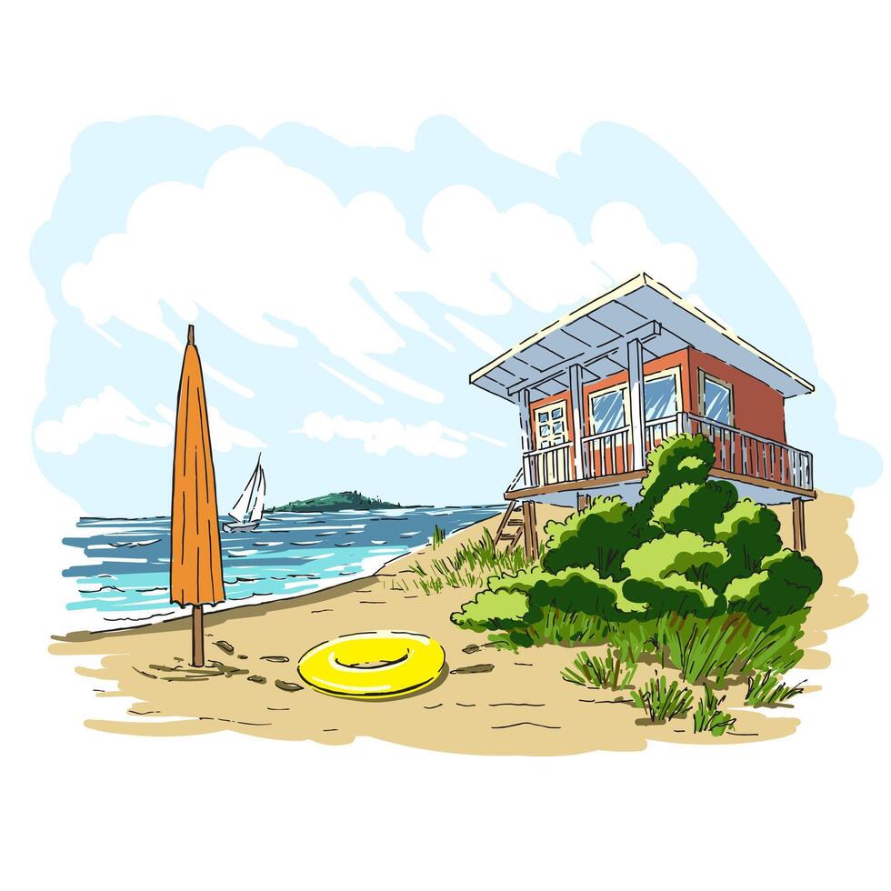 Summer resort house on the beach. Beach umbrella and yellow inflatable lifebuoy vector