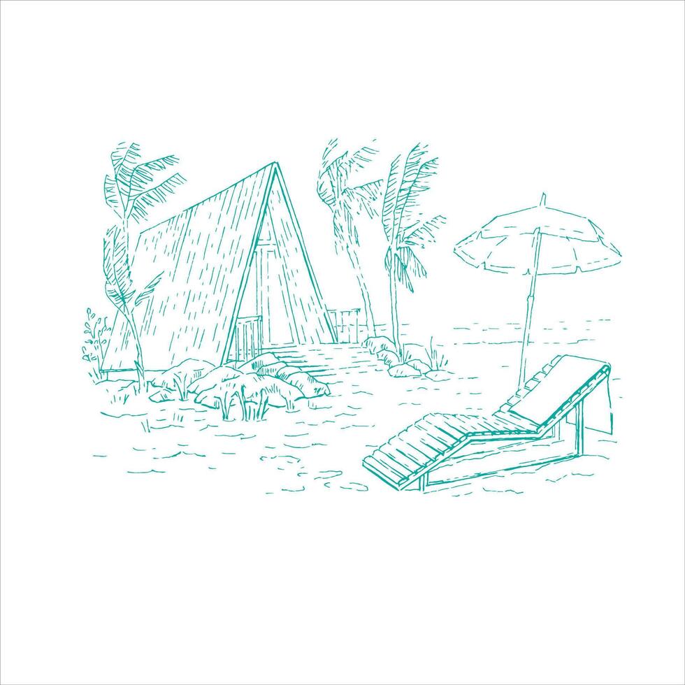Beach Hut near the sea. Beach umbrella and lounger on the sand in mint-blue lines vector