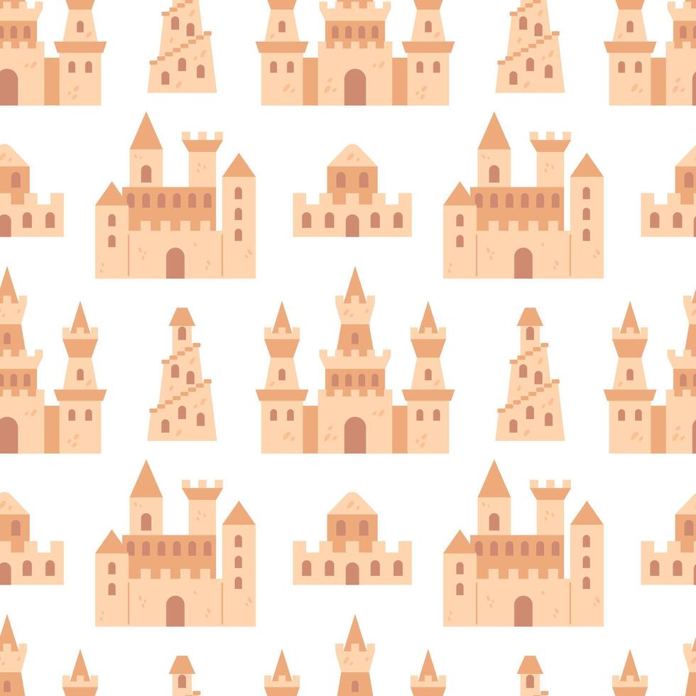 A seamless pattern showcasing playful sandcastles, perfect for evoking the joy of beach days. This vibrant design features whimsical shapes and sunny colors, ideal for summer-themed projects vector