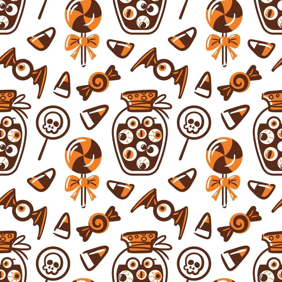 seamless pattern featuring a whimsical jar filled, candies shaped like eyes, lollipops, skulls, and bats. playful design captures the fun and spooky essence of Halloween, perfect for festive prints. vector