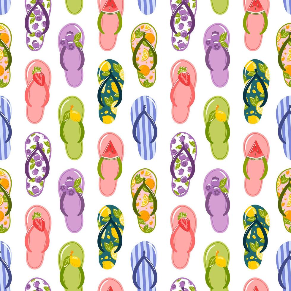 This seamless pattern features vibrant flip-flops in a variety of colors, perfect for capturing the essence of summer fun. Ideal for summer-themed projects, beachwear, and playful designs vector