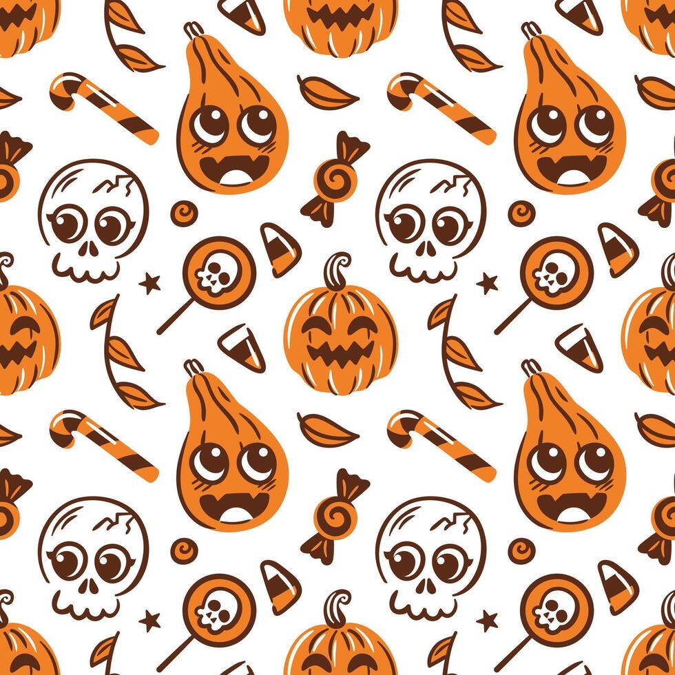 seamless pattern features adorable kawaii skulls, playful pumpkins, and colorful lollipops. for Halloween-themed projects, it blends fun and spooky elements in a visually appealing design. vector