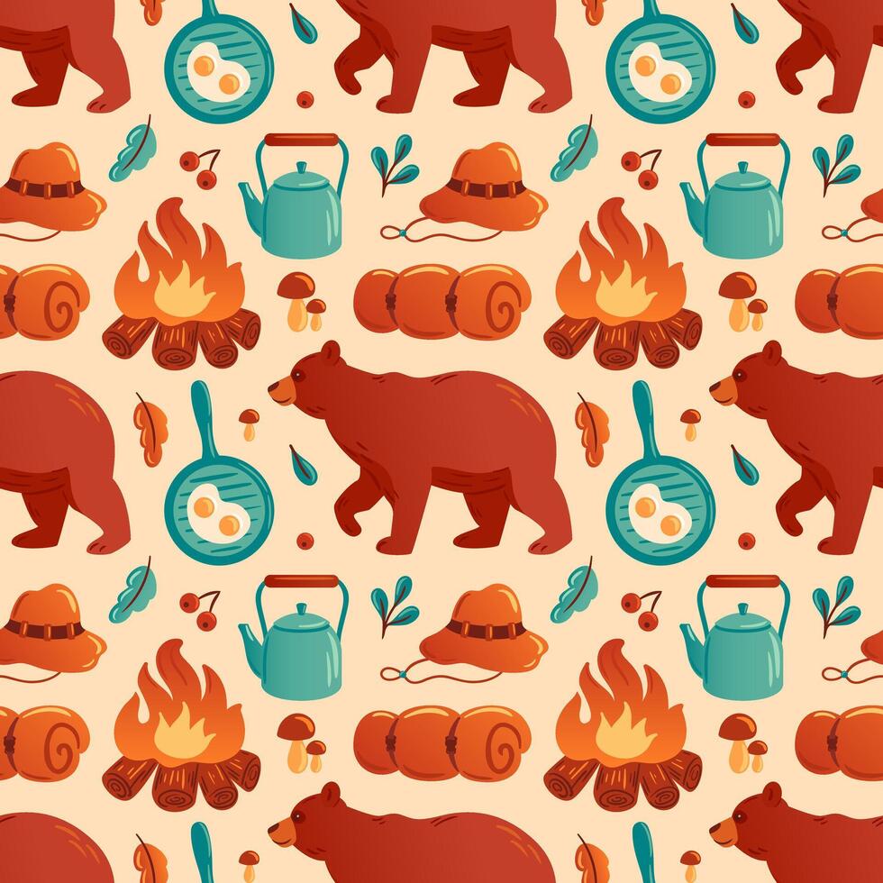 whimsical illustration features a charming camping pattern with bears, campfires, cooking utensils, and nature elements. Perfect for outdoor-themed projects and adventure designs. vector