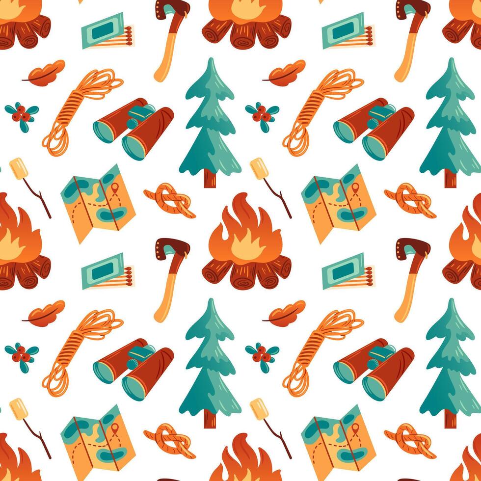Camping pattern with fire and trees vector