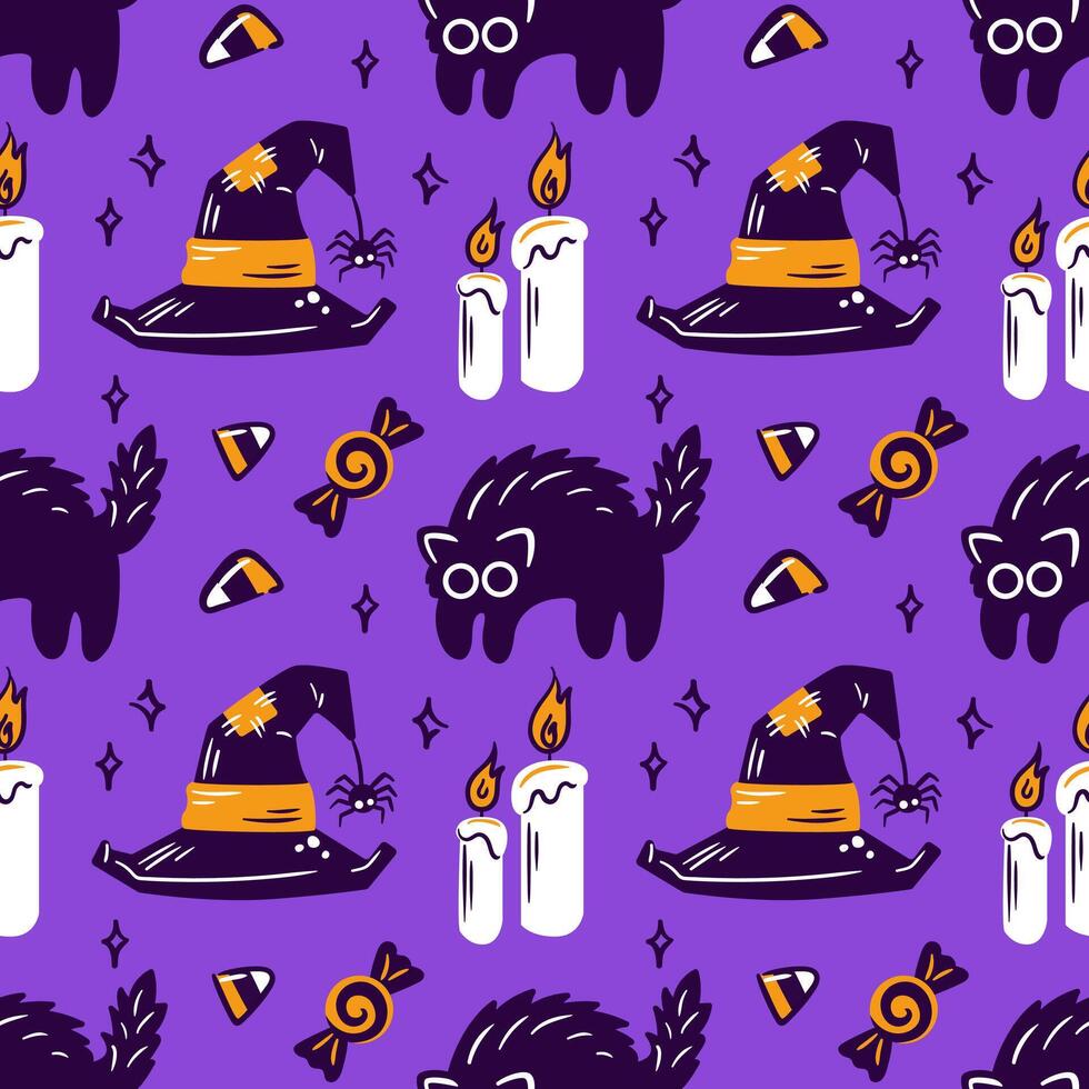 seamless pattern features whimsical witch hats, black cats, glowing candles, and an assortment of candies. Perfect for Halloween-themed designs, it adds a spooky yet fun touch to any project. vector