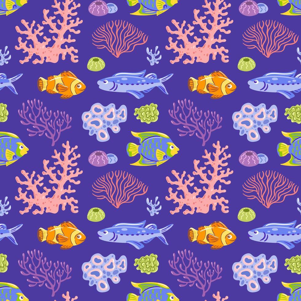Colorful underwater fish and coral pattern vector