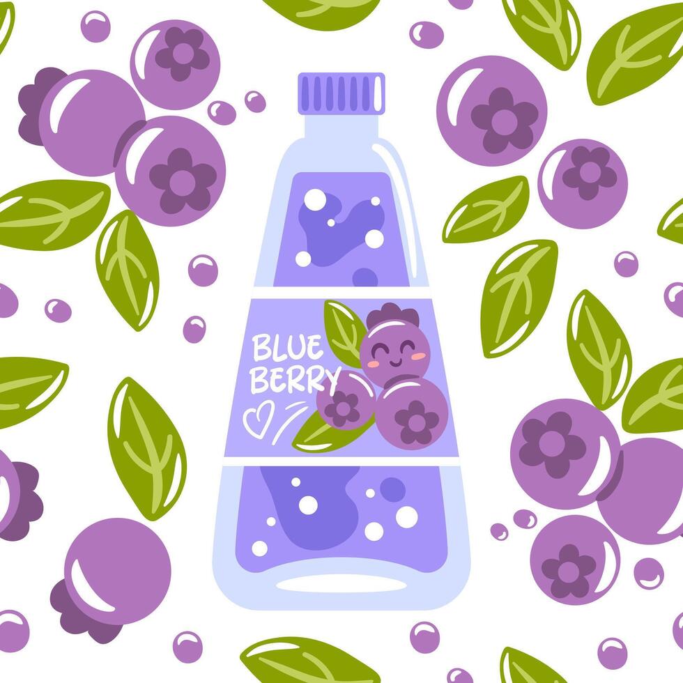 Seamless pattern featuring colorful soda bottles, refreshing blueberry drink, berries and leaves. Perfect for summer designs, brings a fun and refreshing touch to beverage related projects. vector