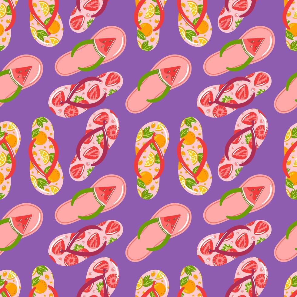 seamless pattern features vibrant flip-flops adorned with playful designs of watermelon, strawberry, and orange. Perfect for capturing the essence of summer fun and warmth in any creative project. vector