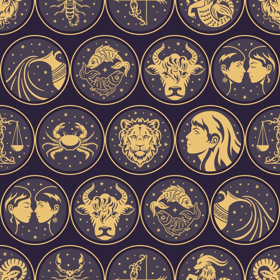 seamless pattern showcases zodiac signs in an elegant golden design against a dark background. Perfect for astrology-themed projects, this luxurious illustration adds a touch of mystique vector
