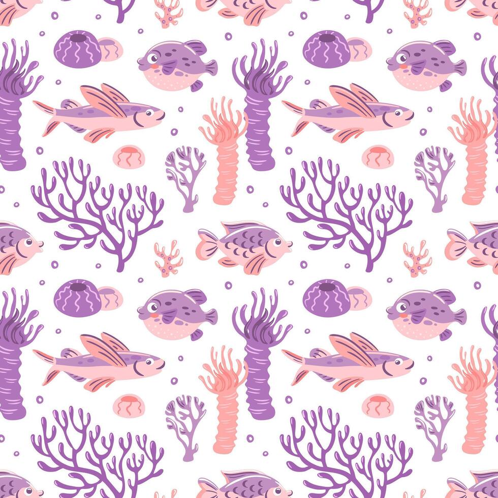 This charming illustration features a playful underwater pattern with vibrant fish and various corals. The soft pastel colors create a whimsical and lively marine atmosphere vector