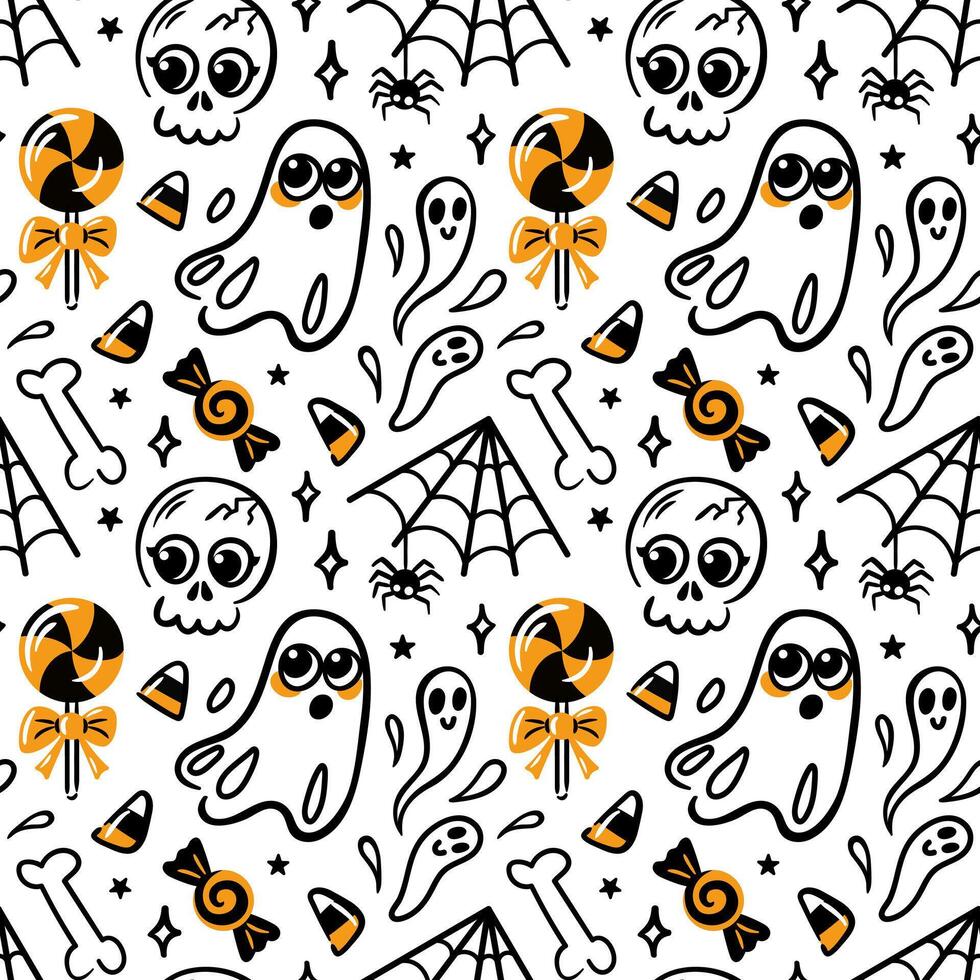seamless pattern showcases cute kawaii lollipops, playful skulls, spider webs, and whimsical bones. Ideal for Halloween-themed designs, it combines fun and spooky elements in a vibrant style. vector