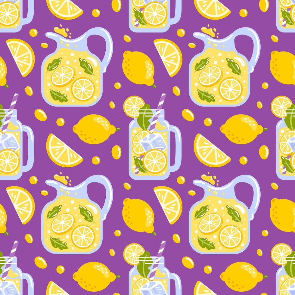 seamless pattern features delightful lemonade, showcasing juicy lemon slices and refreshing drink elements. Perfect for summer-themed projects, it adds a vibrant, fun touch to design. vector