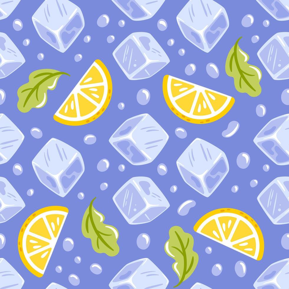 Seamless pattern featuring vibrant lemon slices, ice cubes, refreshing mint leaves, and droplets, creating a cool and refreshing design perfect for summer drinks and vibrant beverage illustrations vector