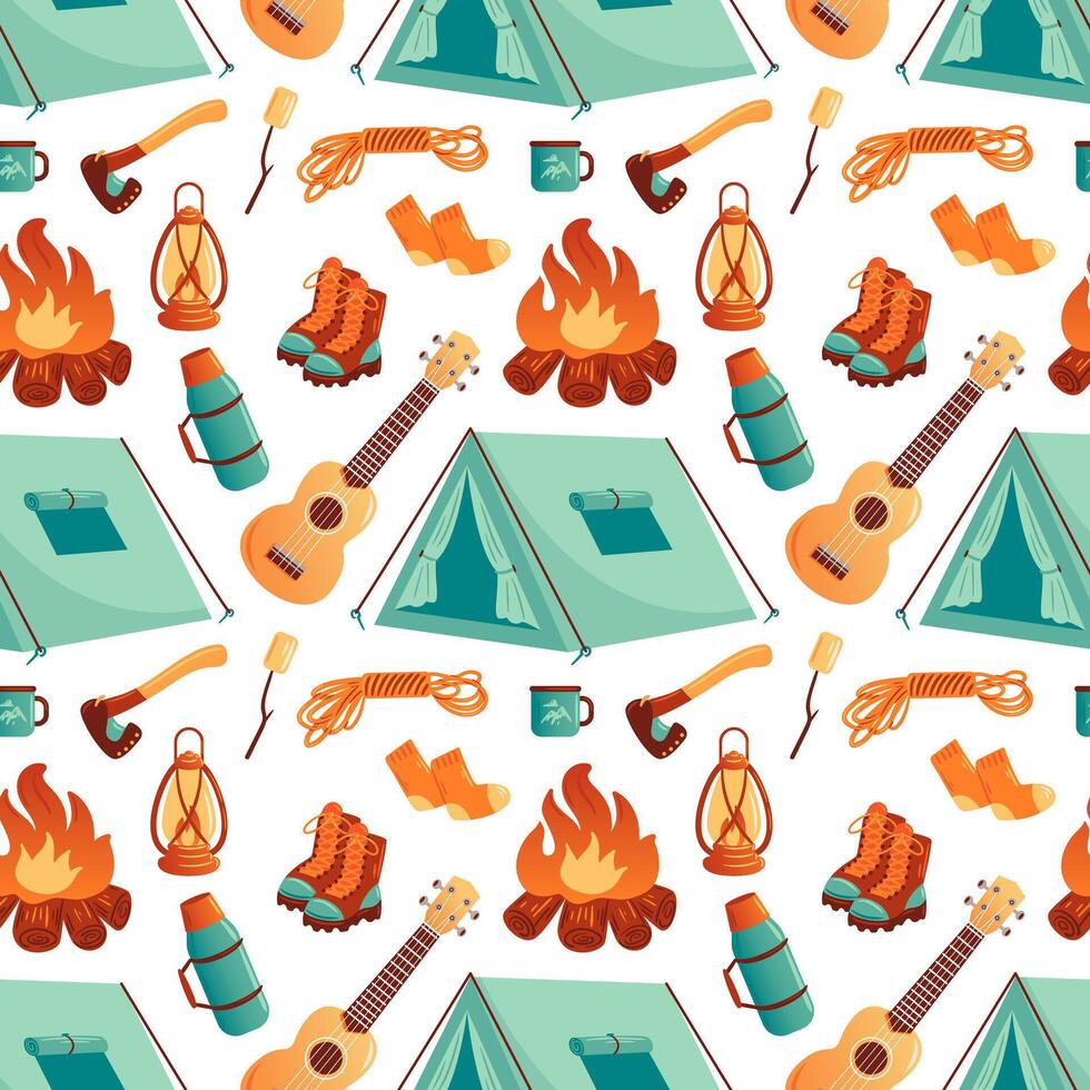 This vibrant illustration showcases a playful camping pattern featuring tents, campfires, hiking boots, lanterns, and outdoor gear. Perfect for adventurous designs and nature-themed projects. vector