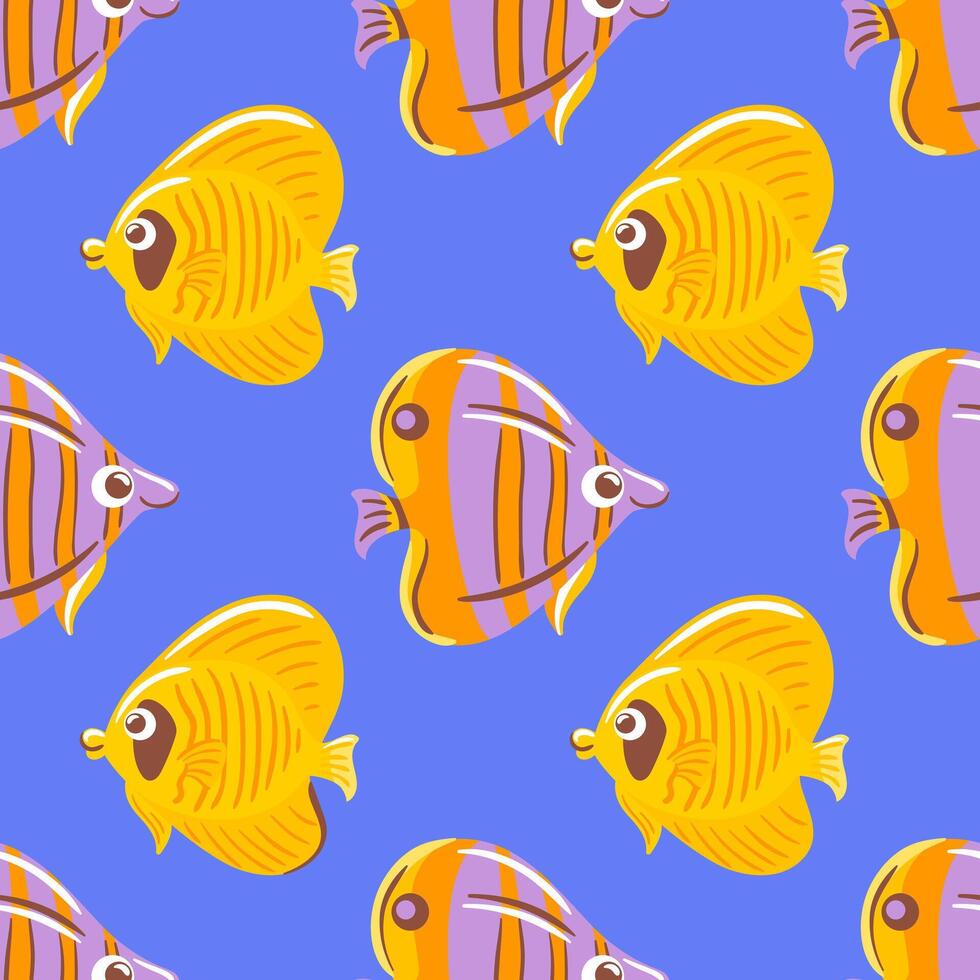 illustration featuring playful fish on a blue background. The design showcases a mix of yellow and purple fish with expressive eyes, creating a cheerful and whimsical underwater scene. vector