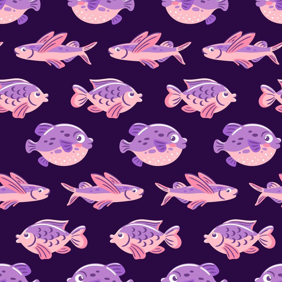 Seamless underwater pattern featuring pufferfish and flying fish in vibrant colors, perfect for textiles, wallpapers, and aquatic-themed designs. vector