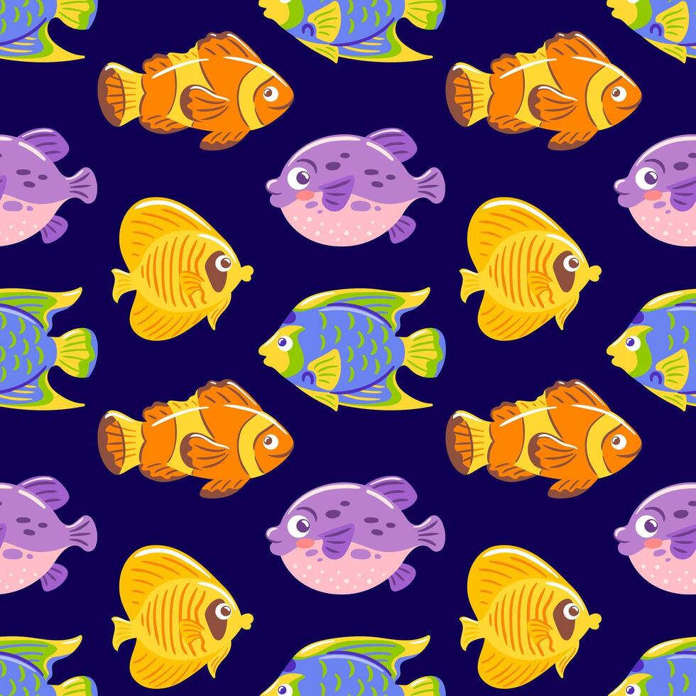 seamless pattern showcases tropical ocean inhabitants, including playful clownfish, elegant angelfish, and unique fugu. Perfect for wallpaper, textiles, and packaging vector