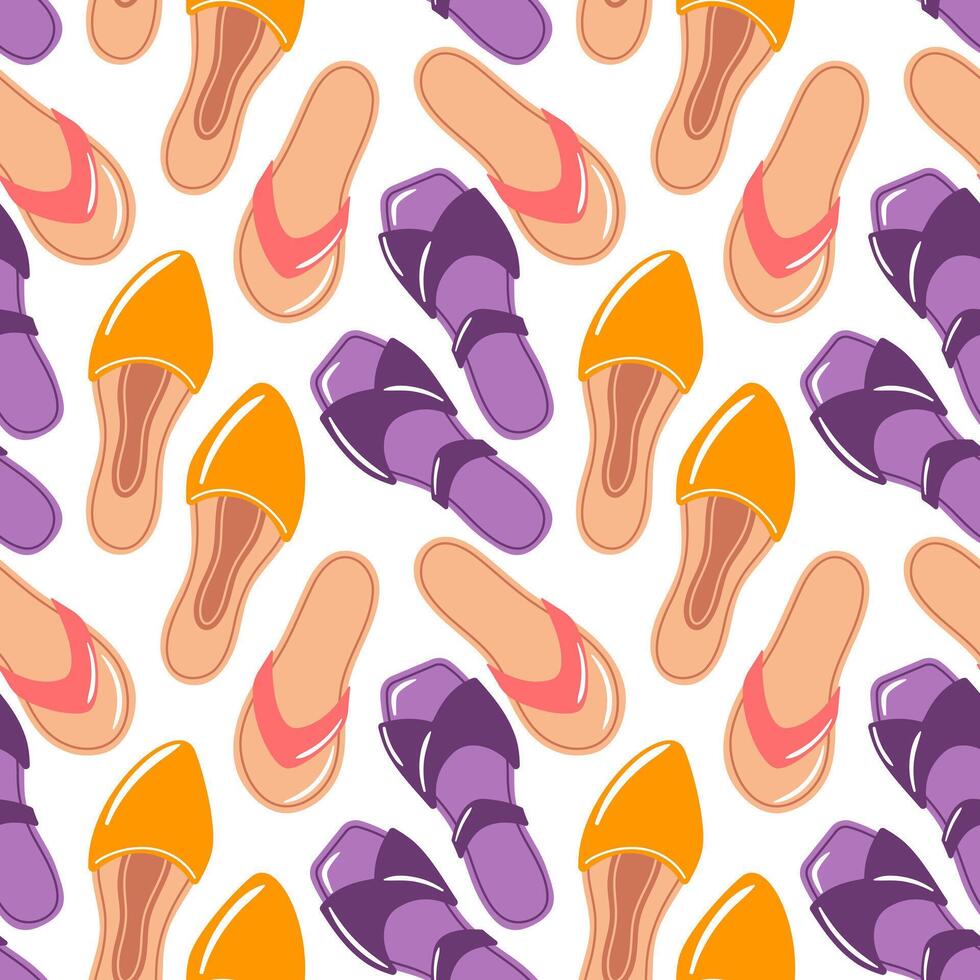 This seamless pattern showcases trendy summer sandals, perfect for capturing the spirit of sunny days. Ideal for fashion projects, beachwear, and vibrant designs that celebrate summer style and warmth vector