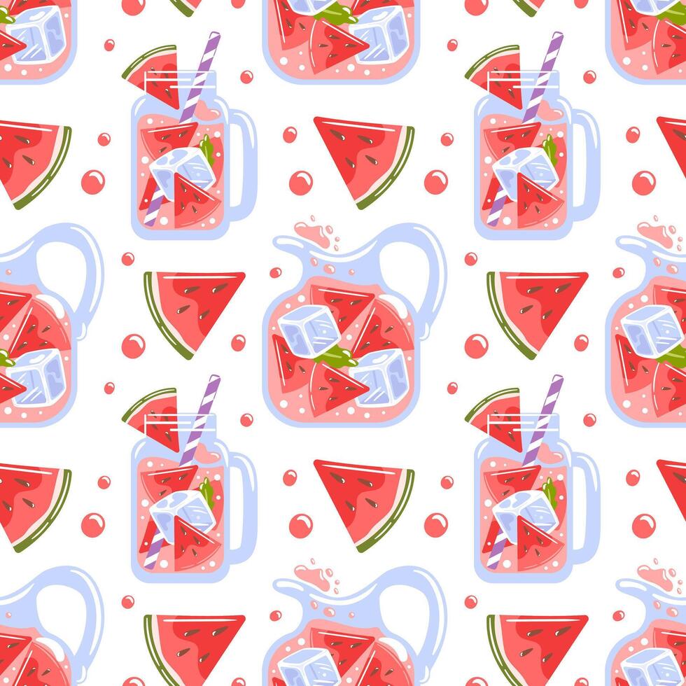 seamless pattern features delightful watermelon lemonade, showcasing juicy watermelon slices and refreshing drink elements. Perfect for summer-themed projects, it adds a vibrant, fun touch to design. vector