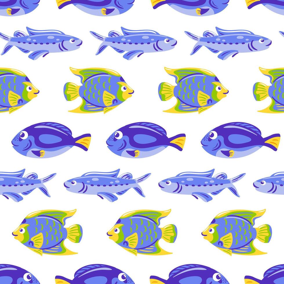 Vibrant seamless pattern featuring Queen Angelfish and Blue Surgeonfish in a tropical underwater scene. Perfect for textiles, wallpapers, and designs vector