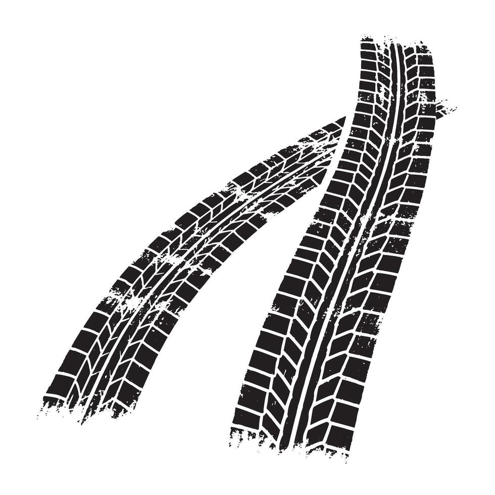 Grunge black tire tracks traces of tire marks on white background a textured silhouette illustration. vector