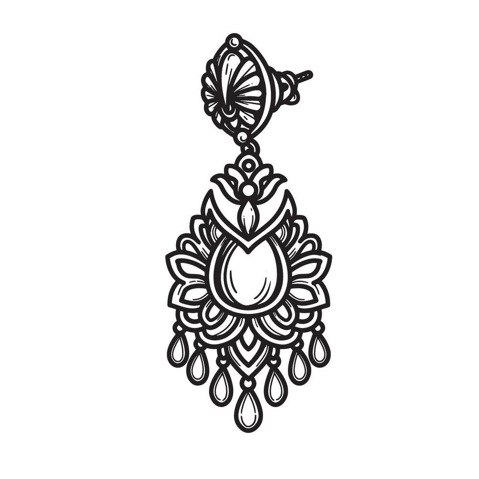 Elegant ornamental drop earring black and white illustration with intricate floral patterns and a refined silhouette design vector