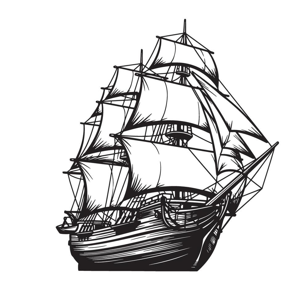 A bold monochrome silhouette of a classic sailing ship illustration showcasing detailed sails and nautical design on a white background vector