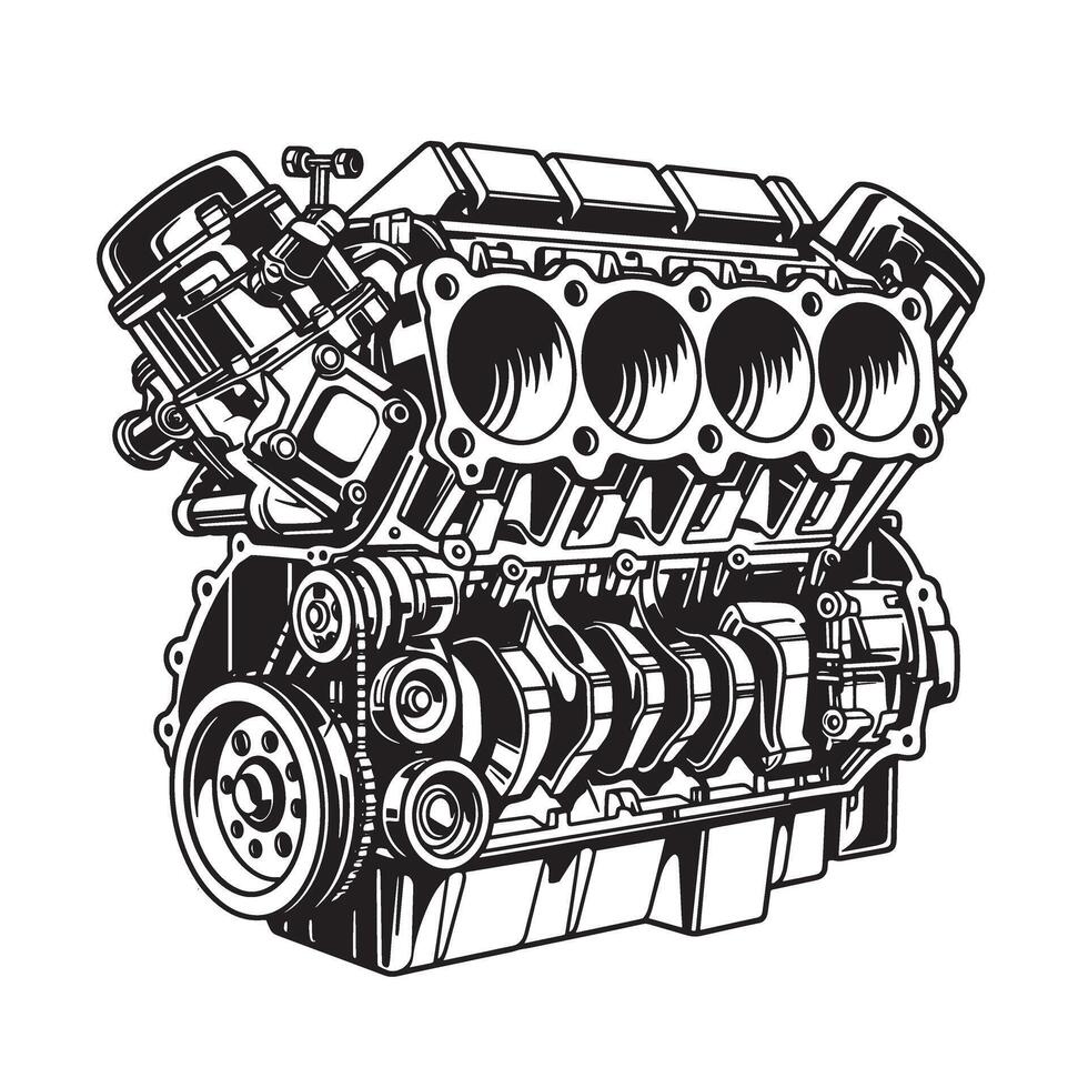 Detailed black and white silhouette illustration of a powerful v8 engine perfect for automotive designs and engineering projects vector