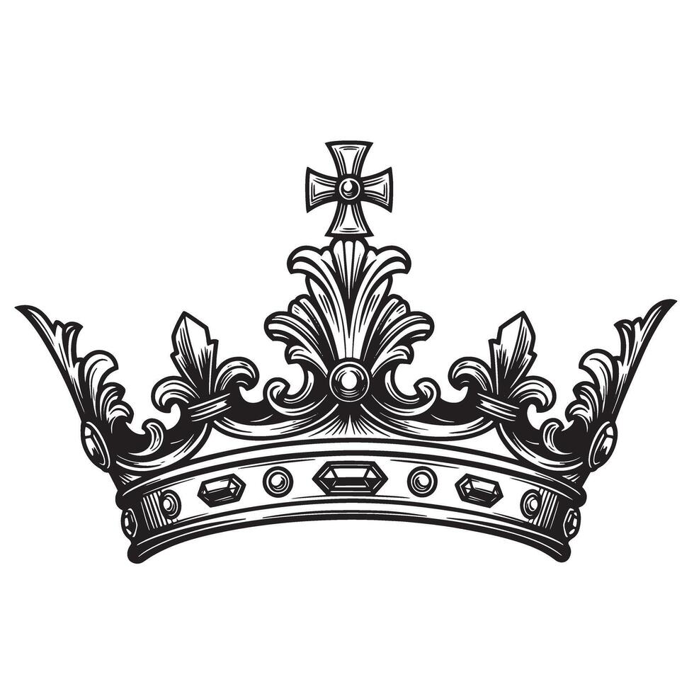 Intricate black and white royal crown illustration featuring detailed ornamentation for luxurious branding purposes and design elements vector