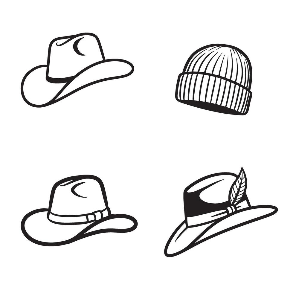 A collection of outlined silhouette hats showcasing different styles and designs including cowboy hat beanie and feathered hat for fashion concepts vector