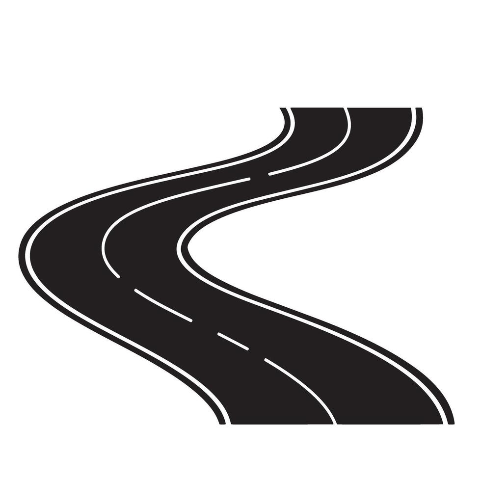 illustration of a winding asphalt road with white lane markings in a stylish black and white silhouette design. vector