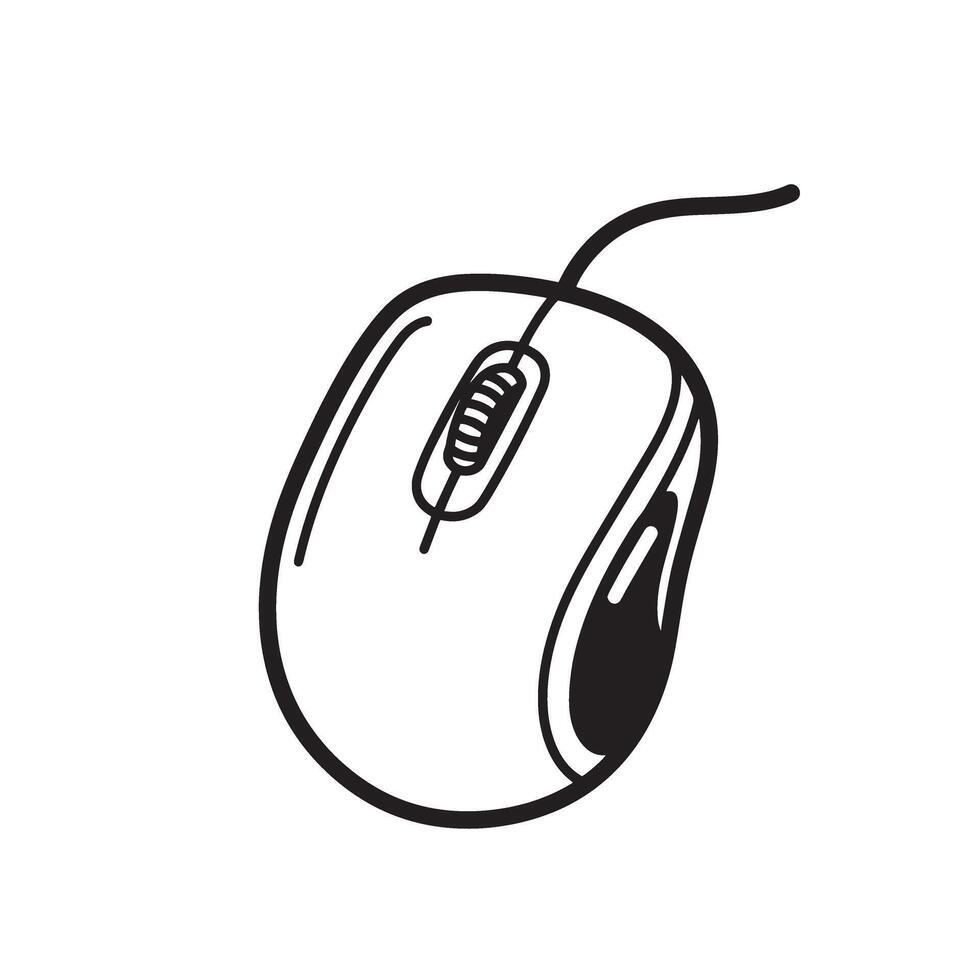 Simple black and white illustration of a computer mouse with scroll wheel and cable perfect for technology or digital design vector