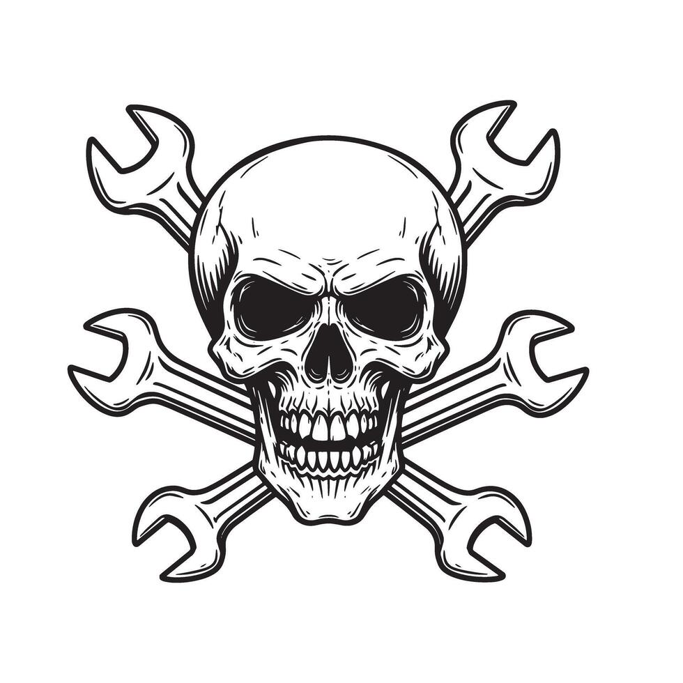 Silhouette illustration of a grimacing skull with crossed wrenches depicting a mechanical mechanic theme or concept vector