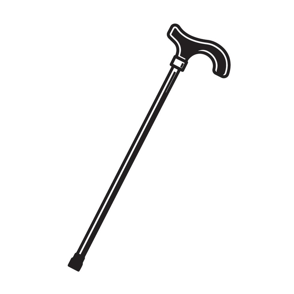 A classic black and white silhouette illustration of a walking cane depicting support and mobility for senior citizens vector