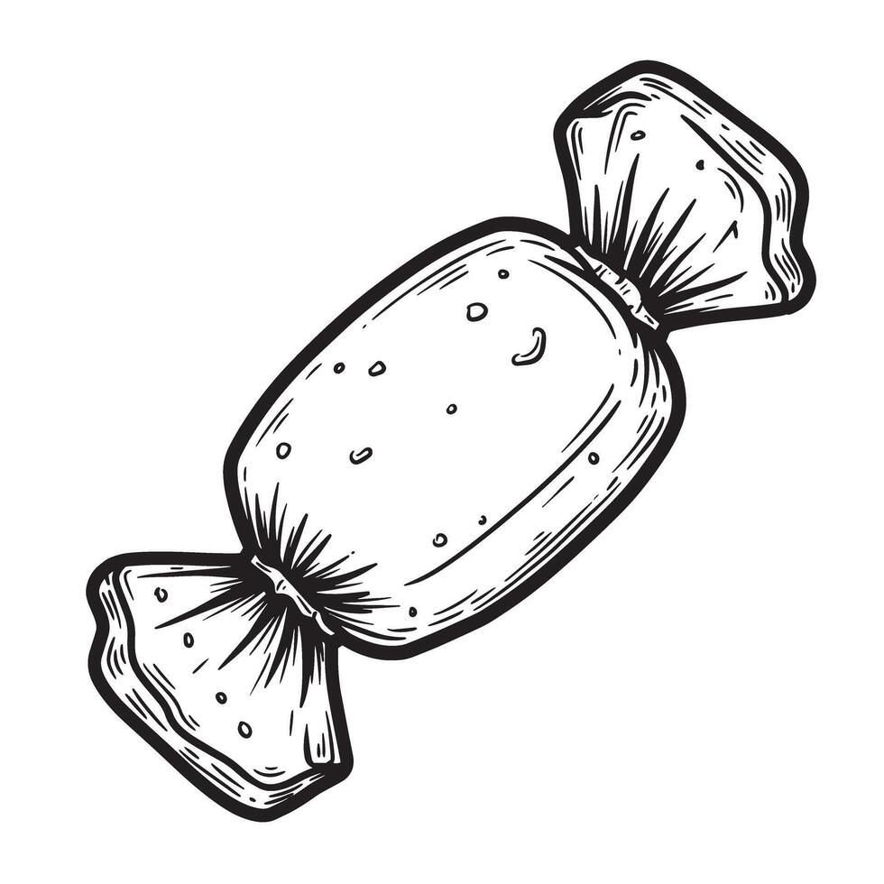 Hand drawn black and white silhouette illustration of a wrapped candy sweet treat isolated on white background vector