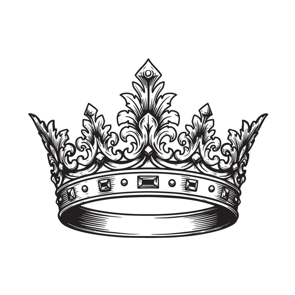 Intricately detailed silhouette illustration of an ornate royal crown symbolizing authority and elegance on a white background vector