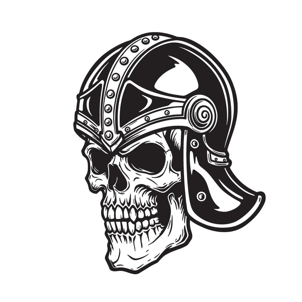 Intricately detailed silhouette illustration of a skull wearing a vintage warrior helmet depicting strength and courage. vector