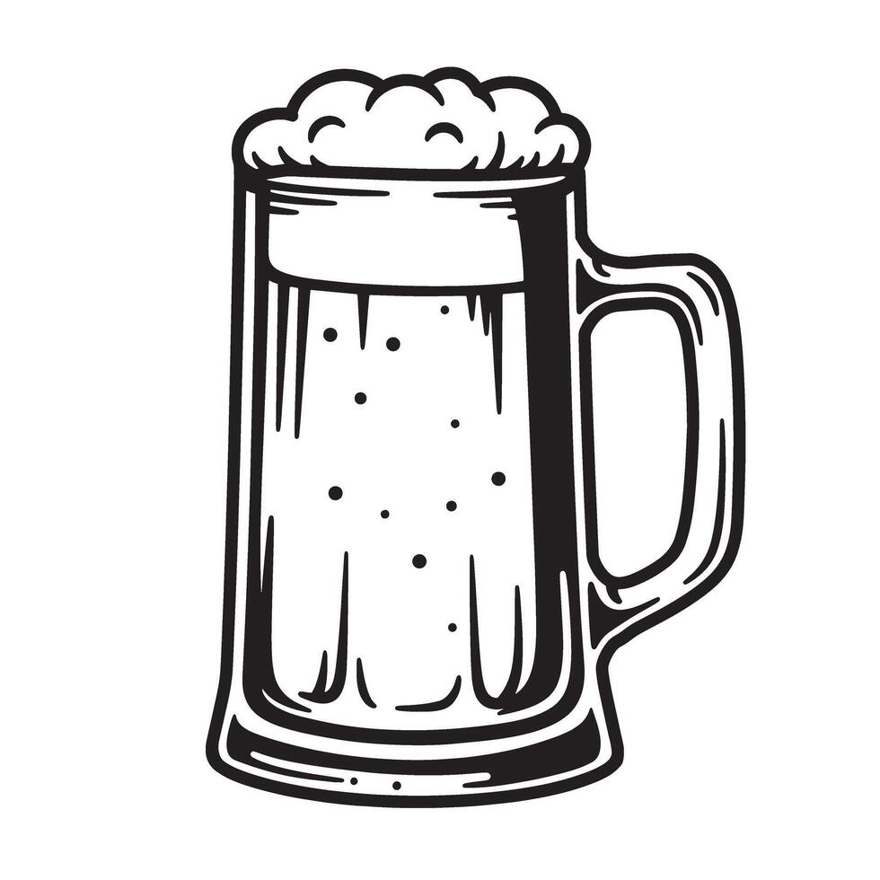 Hand drawn illustration of a full beer stein with foamy head bubbly contents and handle in a classic silhouette design. vector