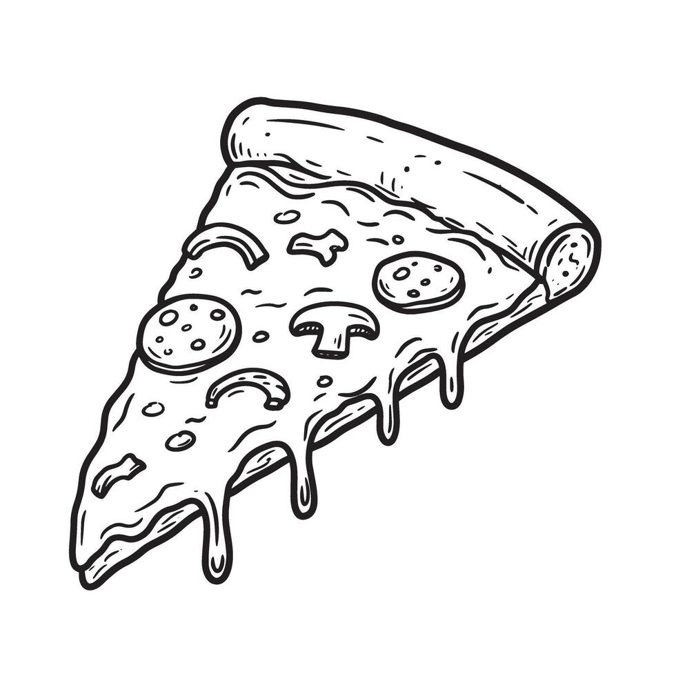 Hand-drawn illustration of a pizza slice adorned with assorted toppings including mushrooms pepperoni and onions in silhouette vector