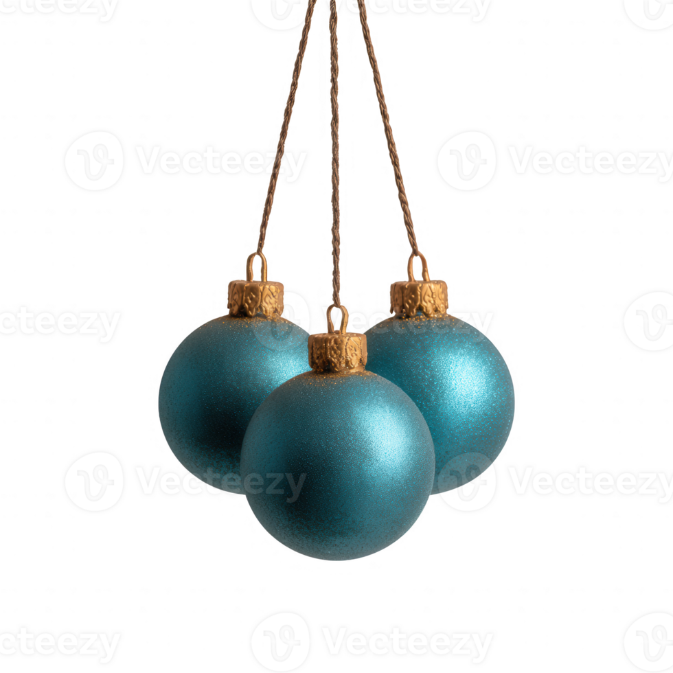 Three shimmering teal Christmas baubles hanging elegantly on golden strings. Perfect for festive decorations and holiday-themed design projects. png