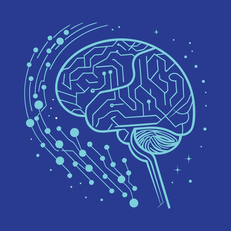 Serene Blue Digital Brain Illustration Circuitry, Neural Network, Abstract Mind, Cognitive Technology, Peaceful Atmosphere - Professional digital artwork with vibrant colors and detailed composition vector