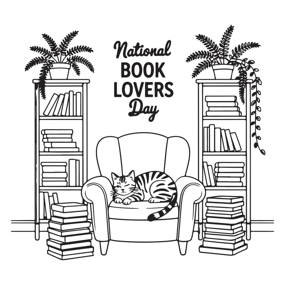Peaceful Cozy Cat Napping in Armchair Amidst Bookshelves Celebrating National Book Lovers Day - Professional digital artwork with vibrant colors and detailed composition vector