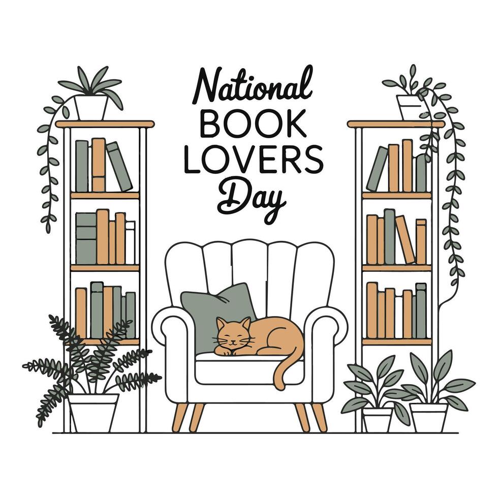 Cozy National Book Lovers Day Illustration Cat Napping in Armchair Amidst Bookshelves and Plants - Professional digital artwork with vibrant colors and detailed composition vector